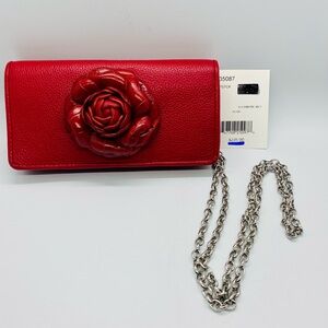 Brighton Rosie Rockmore Lipstick Red Floral Wallet Crossbody with Silver Chain